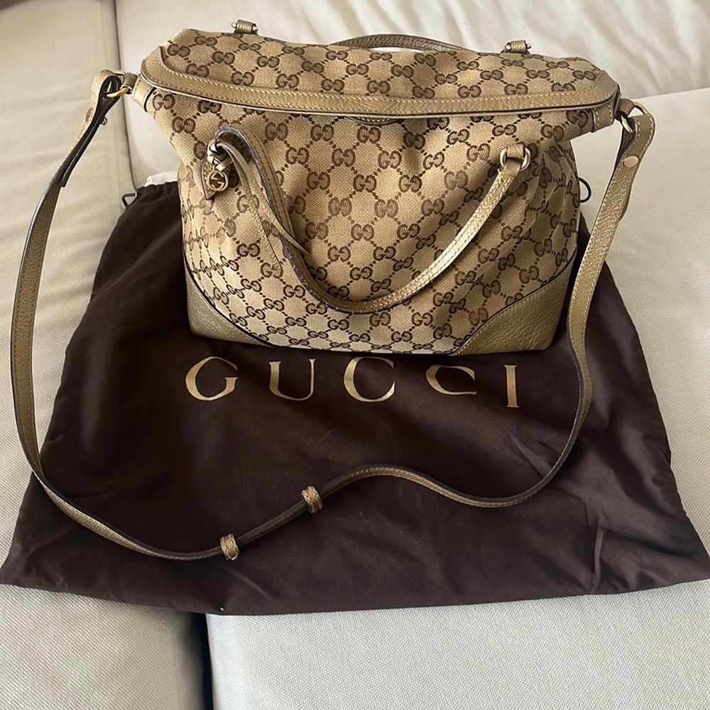 Gucci Signature Foldover Tote Bag - crossbody, dull gold leather, Gucci fabric
